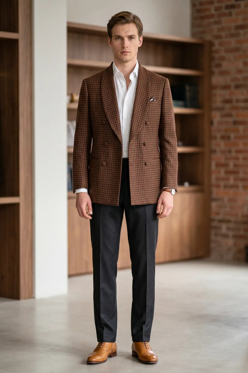 MANSSINO™ | Men's Brown Houndstooth Double-Breasted 2 Piece Suit