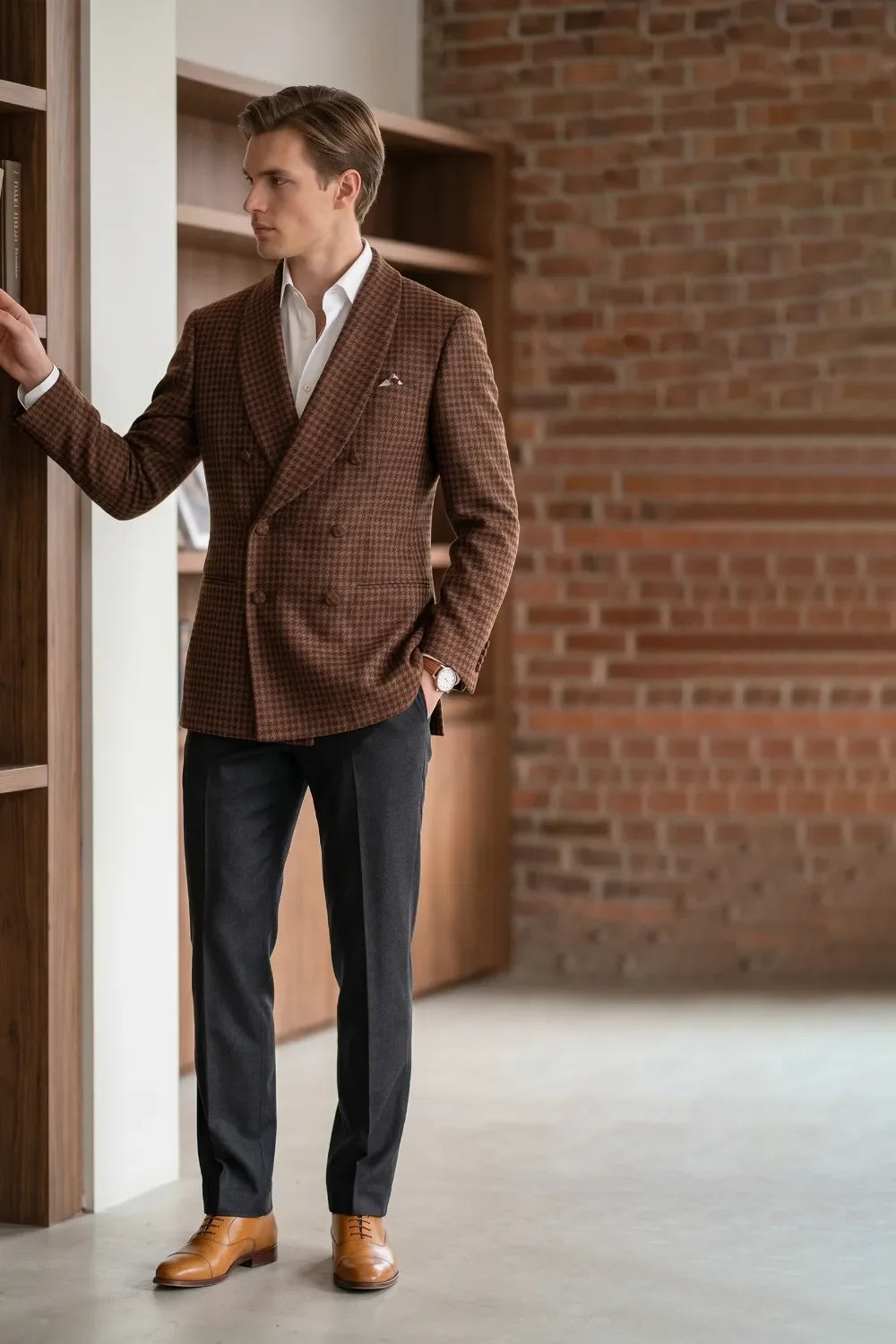 MANSSINO™ | Men's Brown Houndstooth Double-Breasted 2 Piece Suit