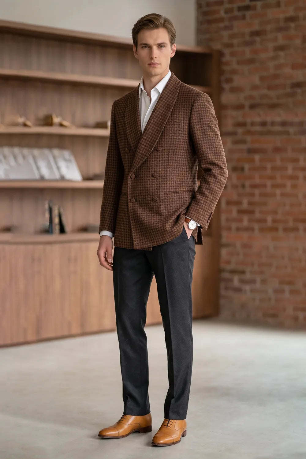 MANSSINO™ | Men's Brown Houndstooth Double-Breasted 2 Piece Suit