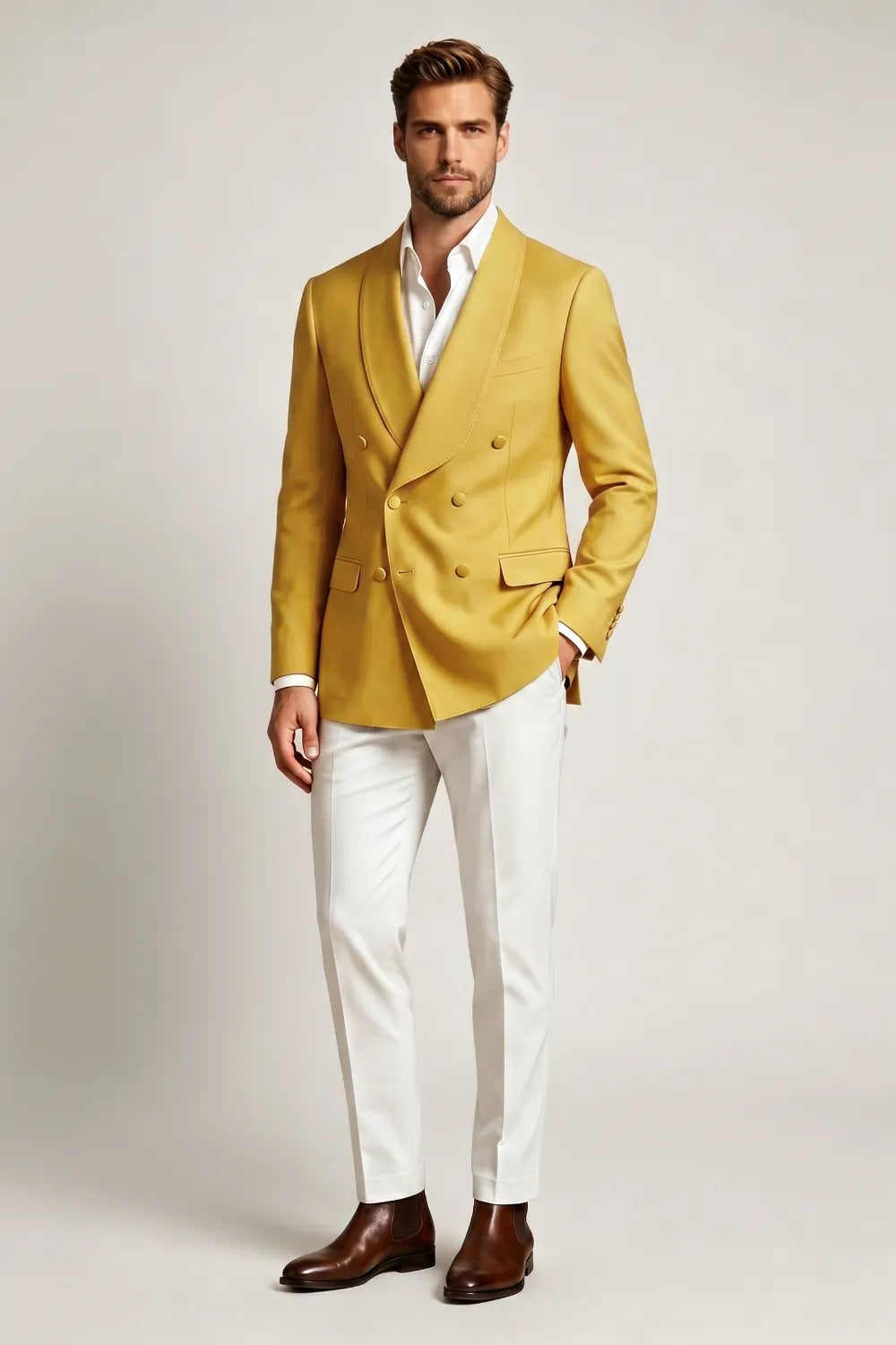 MANSSINO™ | Men's Gold Double-Breasted Shawl-Lapel 2-Piece Suit