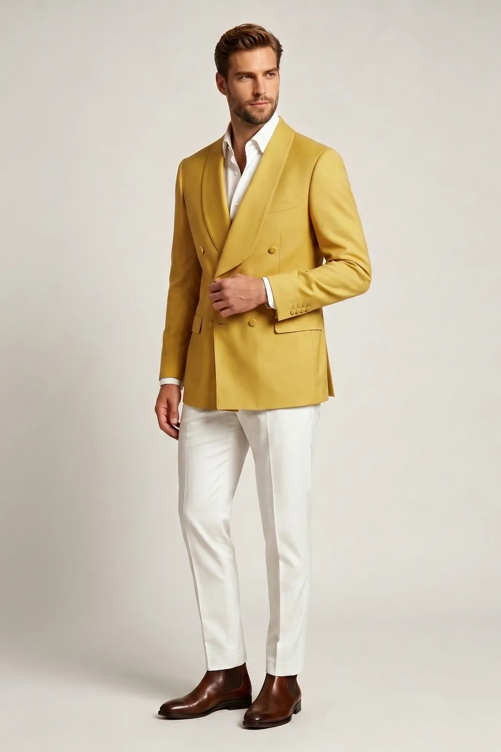 MANSSINO™ | Men's Gold Double-Breasted Shawl-Lapel 2-Piece Suit