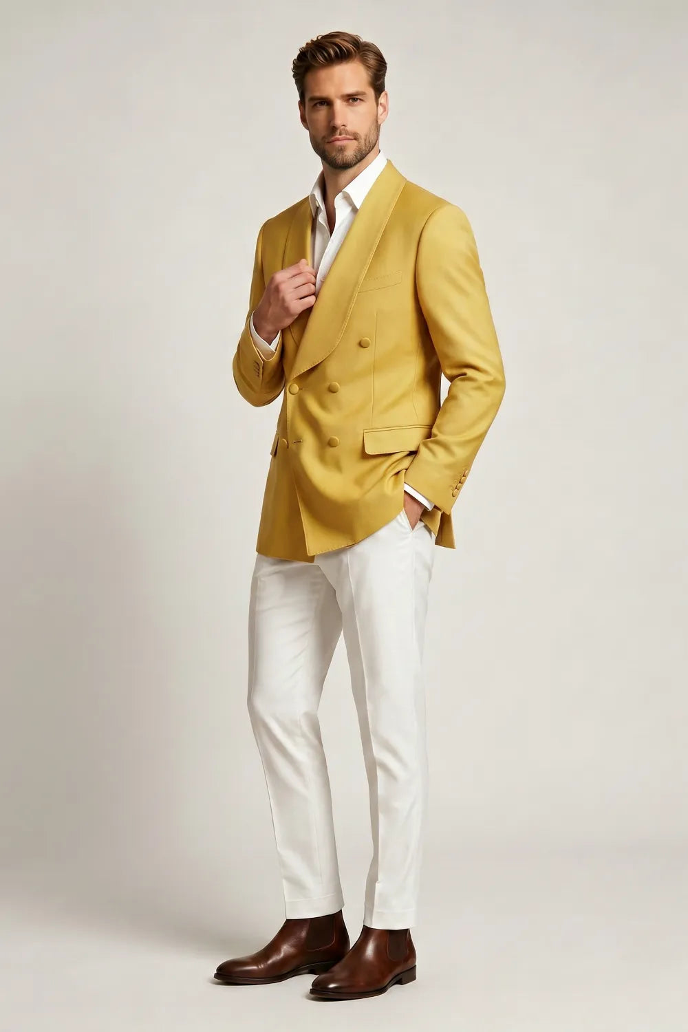 MANSSINO™ | Men's Gold Double-Breasted Shawl-Lapel 2-Piece Suit