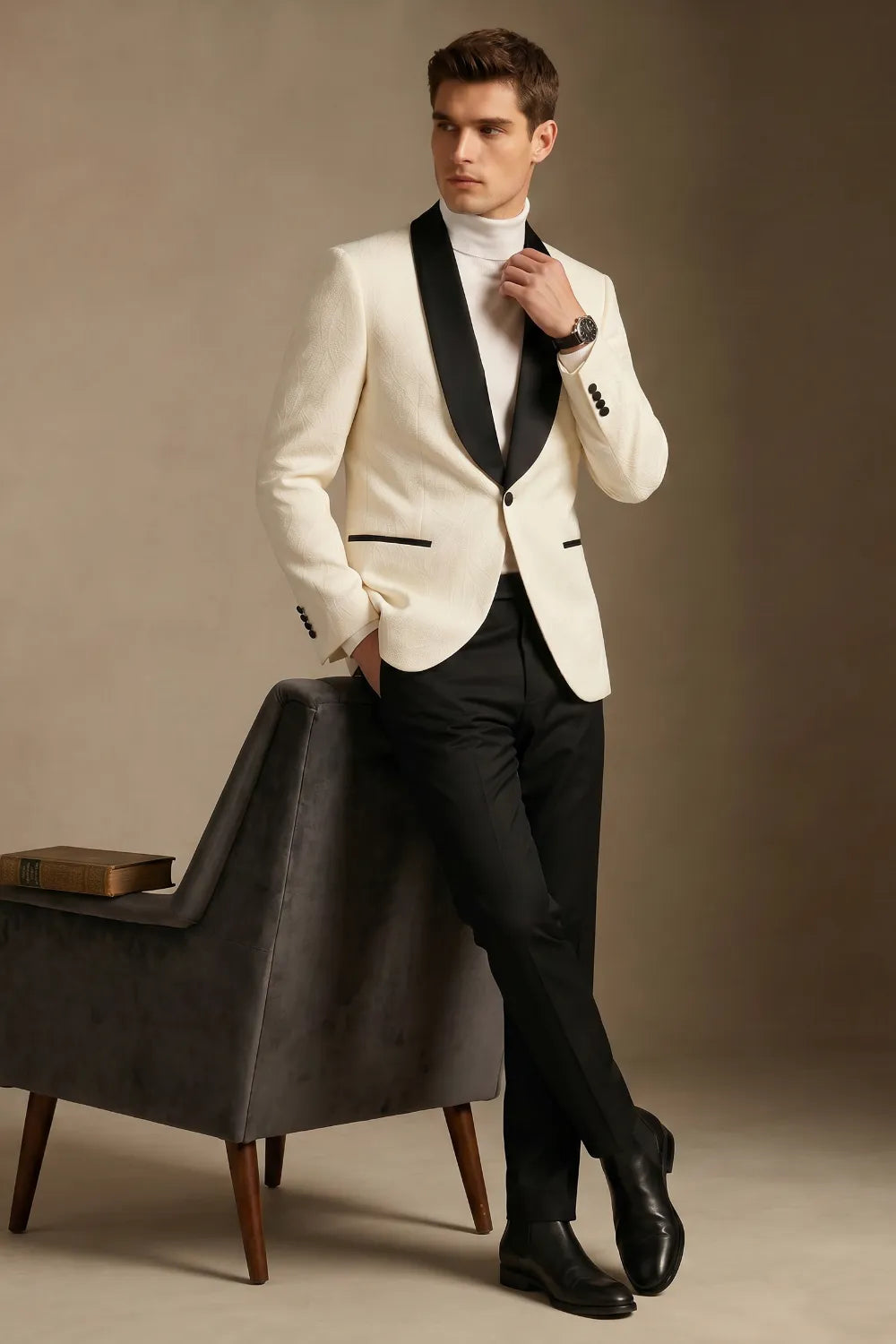 MANSSINO™ | Men's Ivory Jacquard Black Shawl Lapel 2-Piece Tuxedo Suit