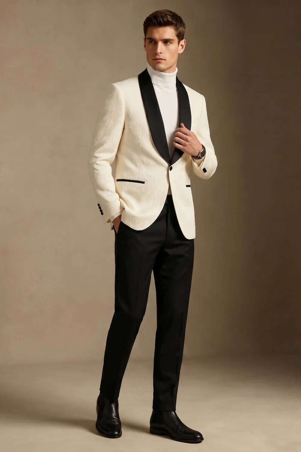 MANSSINO™ | Men's Ivory Jacquard Black Shawl Lapel 2-Piece Tuxedo Suit