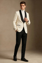 MANSSINO™ | Men's Ivory Jacquard Black Shawl Lapel 2-Piece Tuxedo Suit