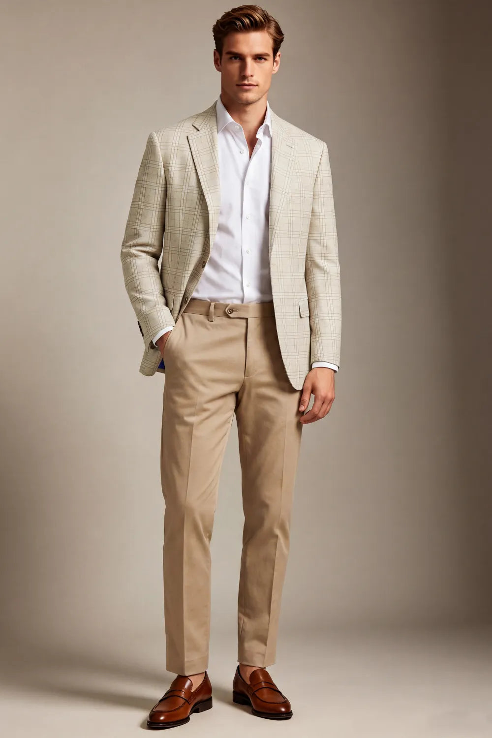 MANSSINO™ | Men's Light Beige Prince of Wales Check 2-Piece Suit
