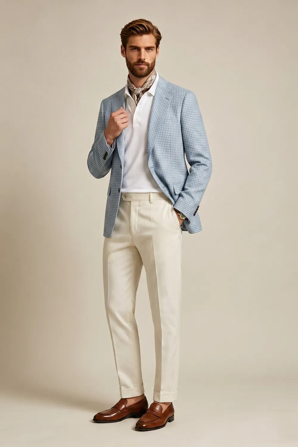 MANSSINO™ | Men's Light Blue Houndstooth Single-Breasted 2-Piece Suit