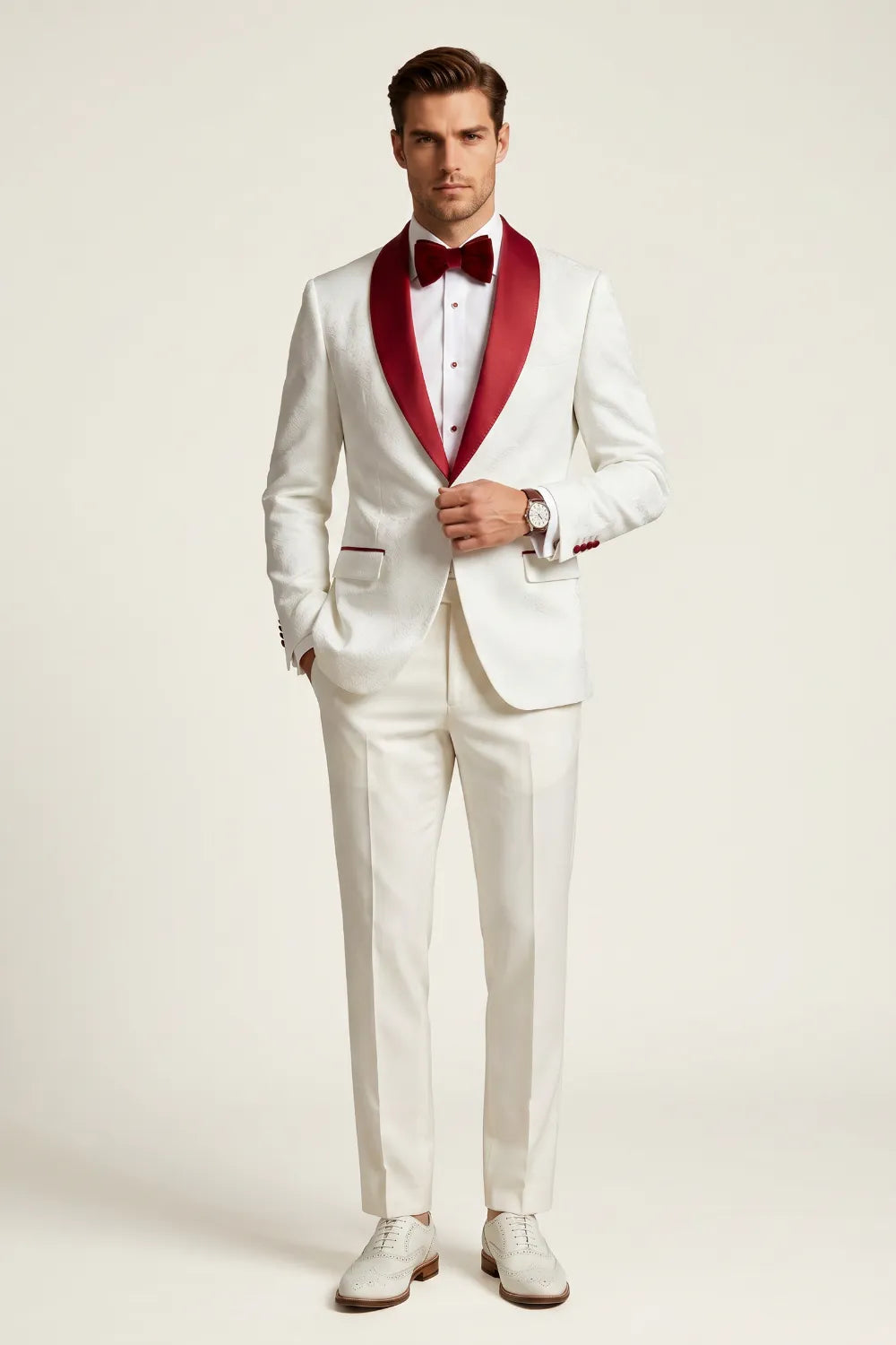 MANSSINO™ | Men's White and Red Shawl Lapel Jacquard 2-Piece Tuxedo Suit