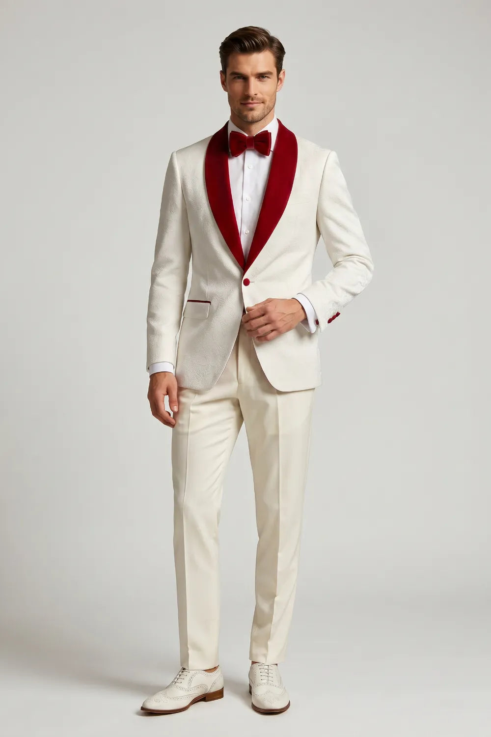 MANSSINO™ | Men's White and Red Shawl Lapel Jacquard 2-Piece Tuxedo Suit