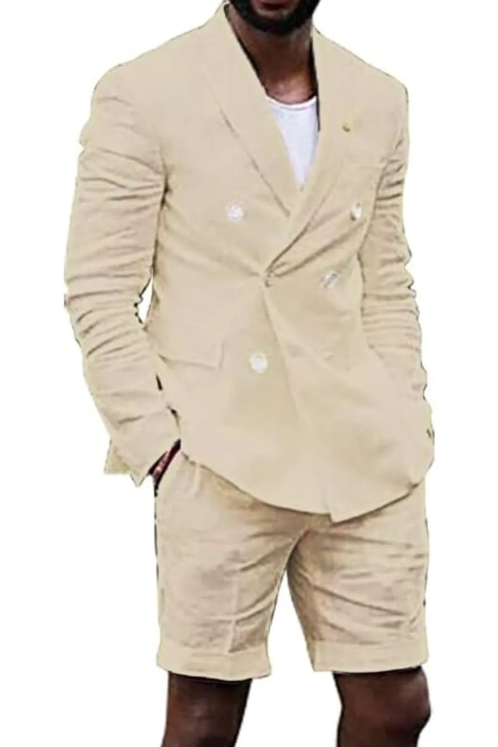 MANSSINO™ | Men's Linen Double-Breasted Blazer and Shorts 2-Piece Suit