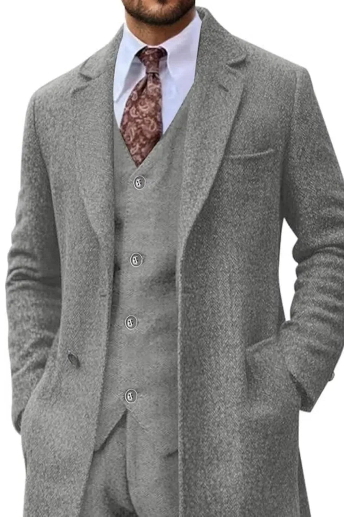 MANSSINO™ | Men's Retro Herringbone Long Blazer 3-Piece Suit