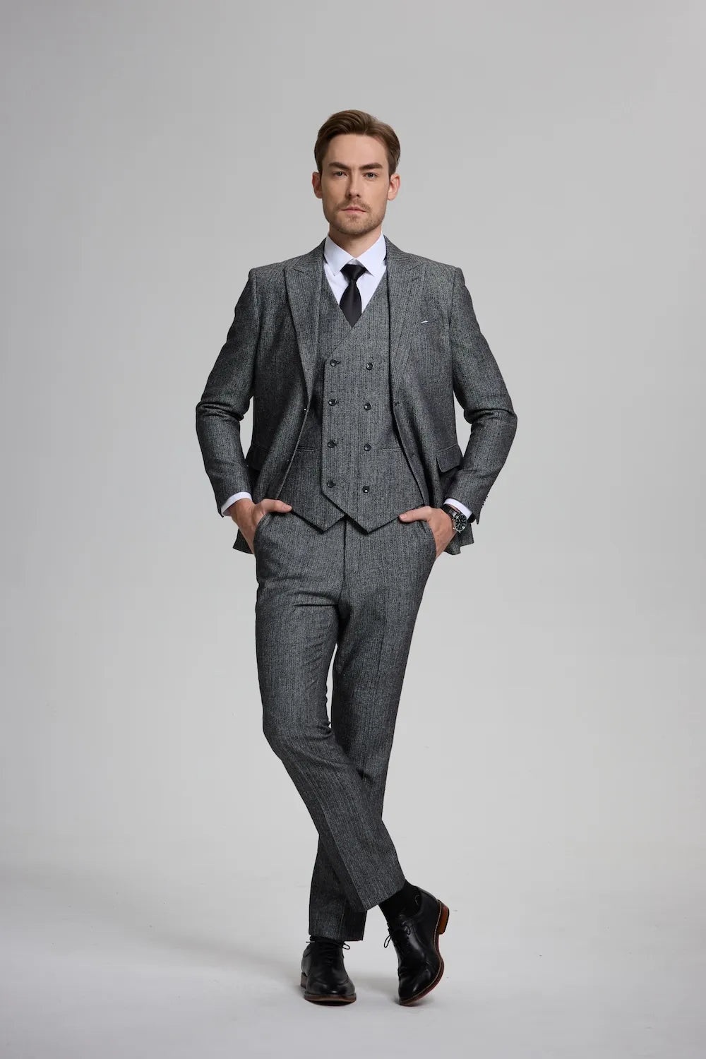 MANSSINO™ | Men's Herringbone Double-Breasted Three-Piece Suit with Vest