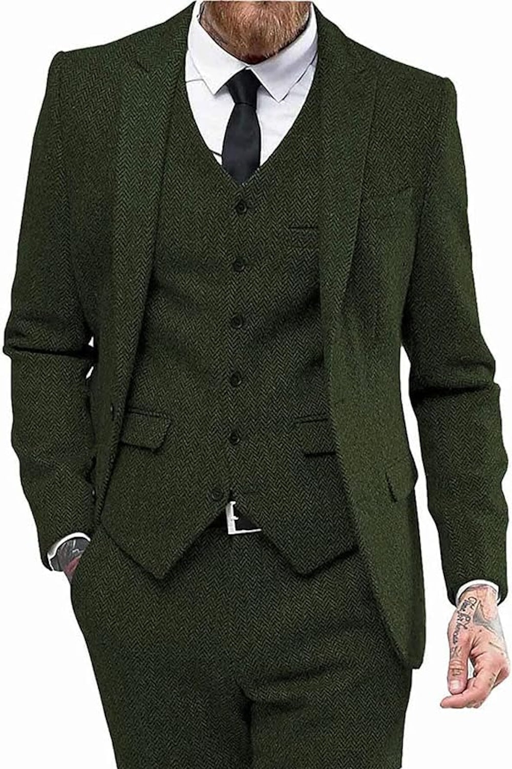 MANSSINO™ | Men's Tweed Herringbone Peak Lapel 3 Piece Suit