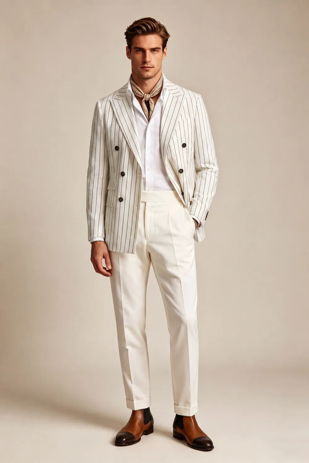 MANSSINO™ | Men's Ivory Pinstripe Double-Breasted 2-Piece Suit
