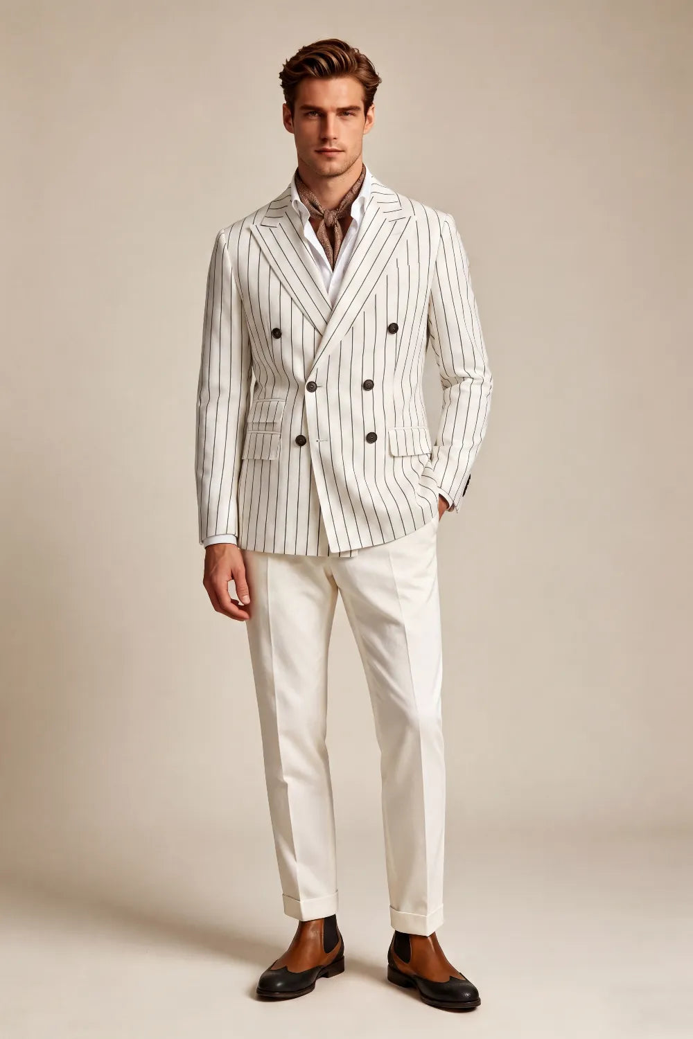 MANSSINO™ | Men's Ivory Pinstripe Double-Breasted 2-Piece Suit