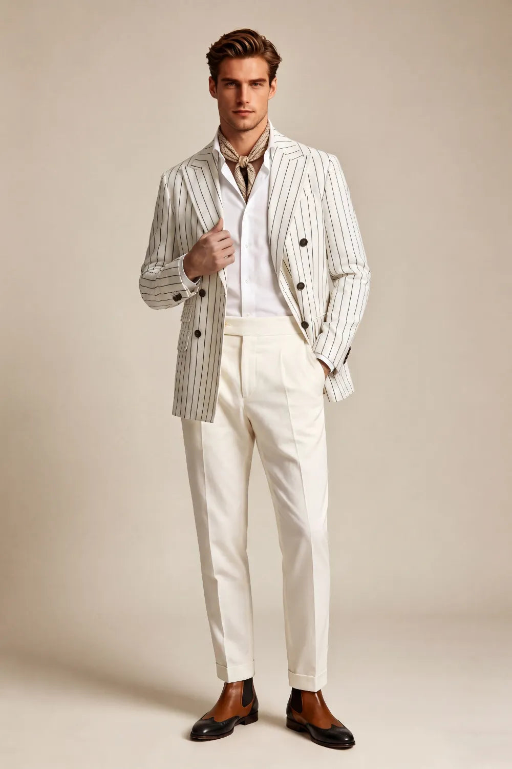 MANSSINO™ | Men's Ivory Pinstripe Double-Breasted 2-Piece Suit