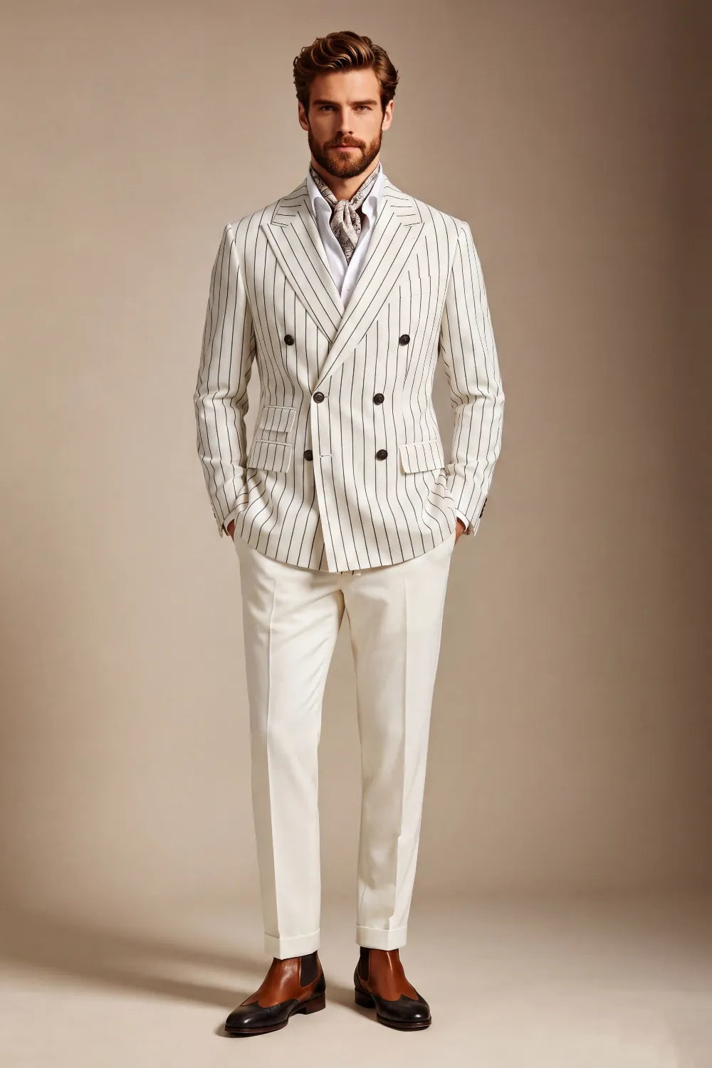 MANSSINO™ | Men's Ivory Pinstripe Double-Breasted 2-Piece Suit