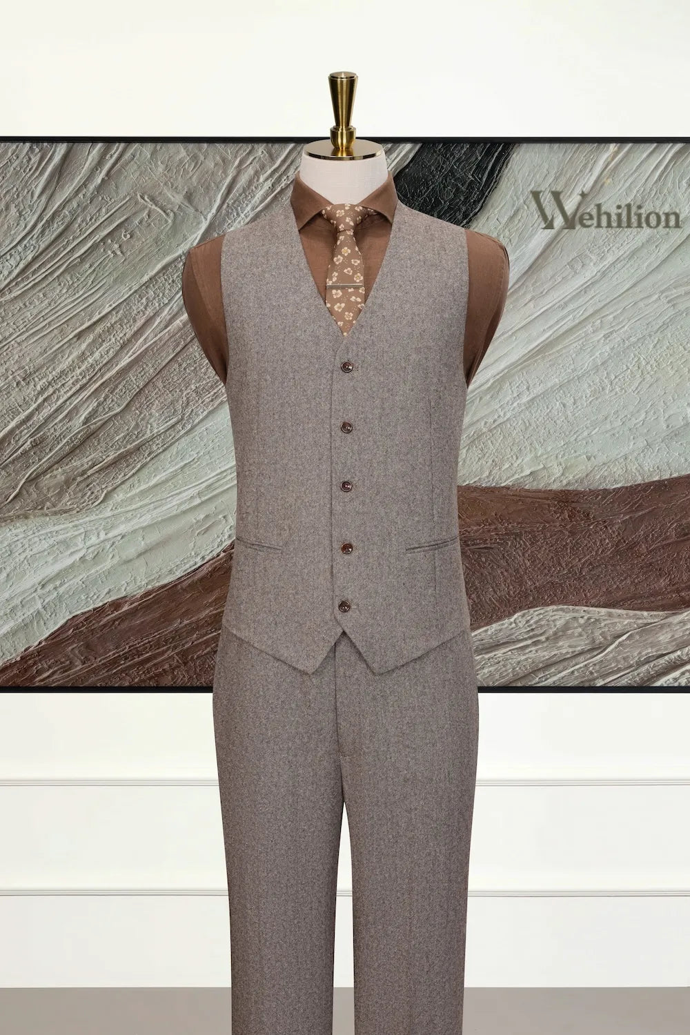 MANSSINO™ | Men's Brown Wool Blend 3 Piece Suit