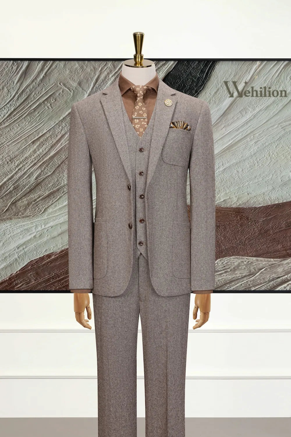MANSSINO™ | Men's Brown Wool Blend 3 Piece Suit