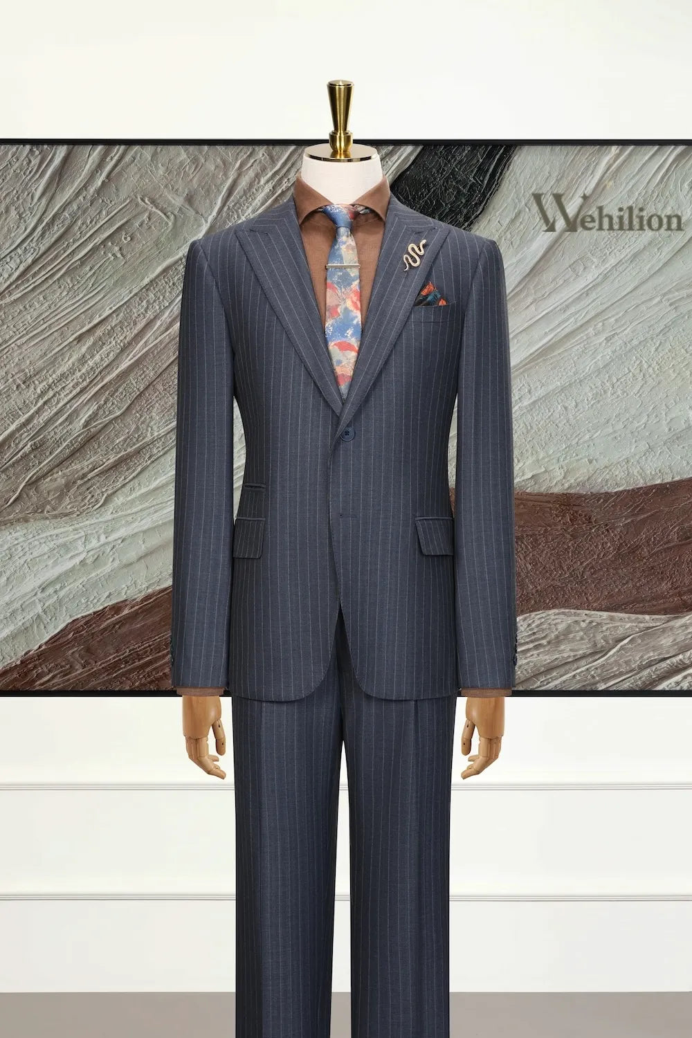 MANSSINO™ | Men's Navy Blue Pinstripe 3 Piece Suits