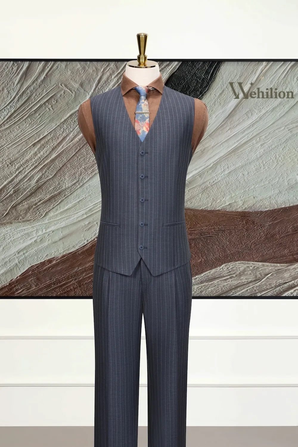 MANSSINO™ | Men's Navy Blue Pinstripe 3 Piece Suits
